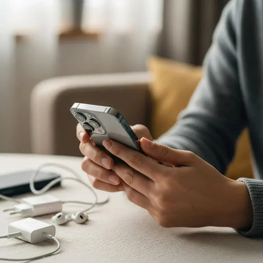 Person inspecting a used iPhone 14 in a cozy setting, emphasizing careful evaluation