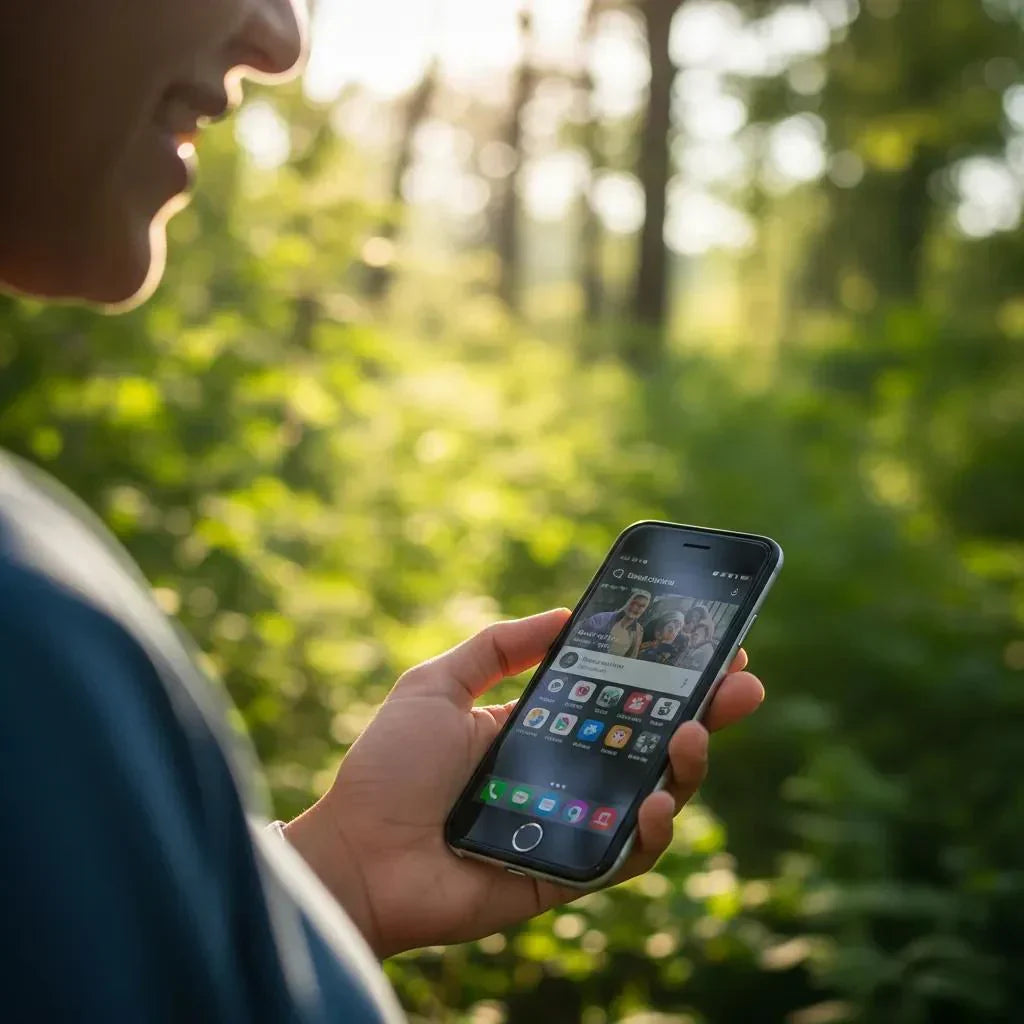 Person using a refurbished smartphone outdoors, emphasizing eco-friendly technology