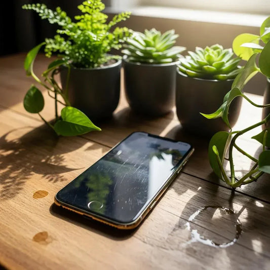 Used iPhone on a wooden table with plants, representing sustainable technology choices
